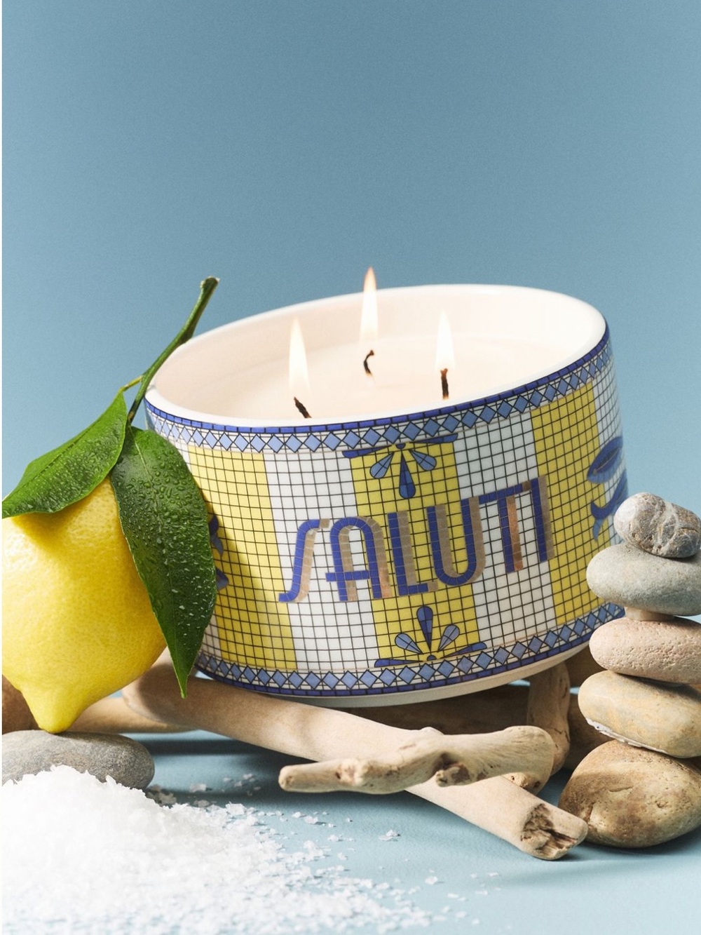 Anthropologie Italia Bistro Yellow and Blue 'SALUT!' Three-Wick Decorative Candl